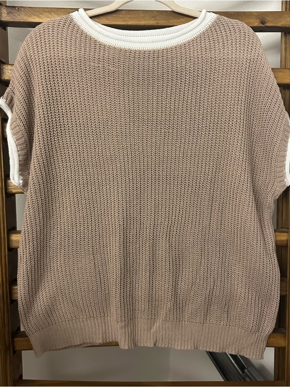 SHEIN Taupe Short-Sleeve Knit Sweater with White Trim